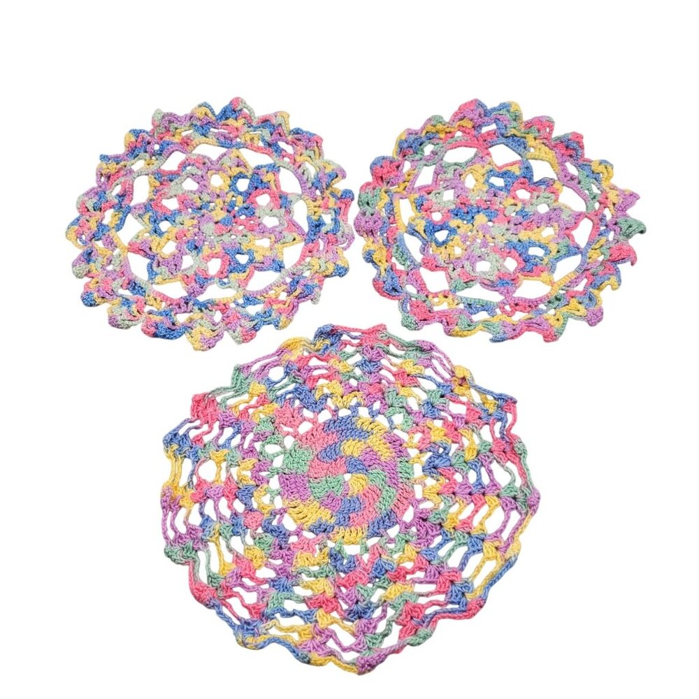 Handmade Vintage Crochet Doilies Pastel Rainbow Cotton Grandma Chic Lot of 3